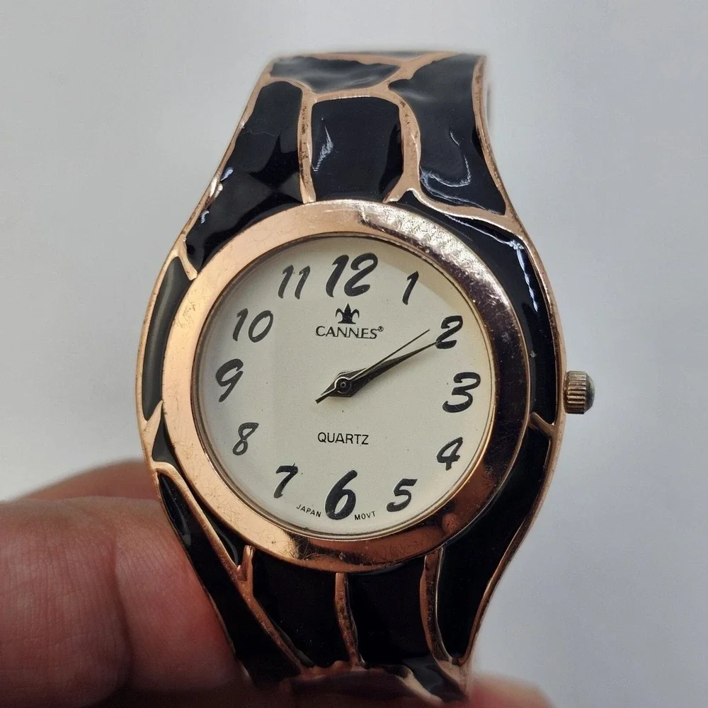 Cannes Watch Women 35M White Dial‎ Black Gold Hinged Cuff 5.25